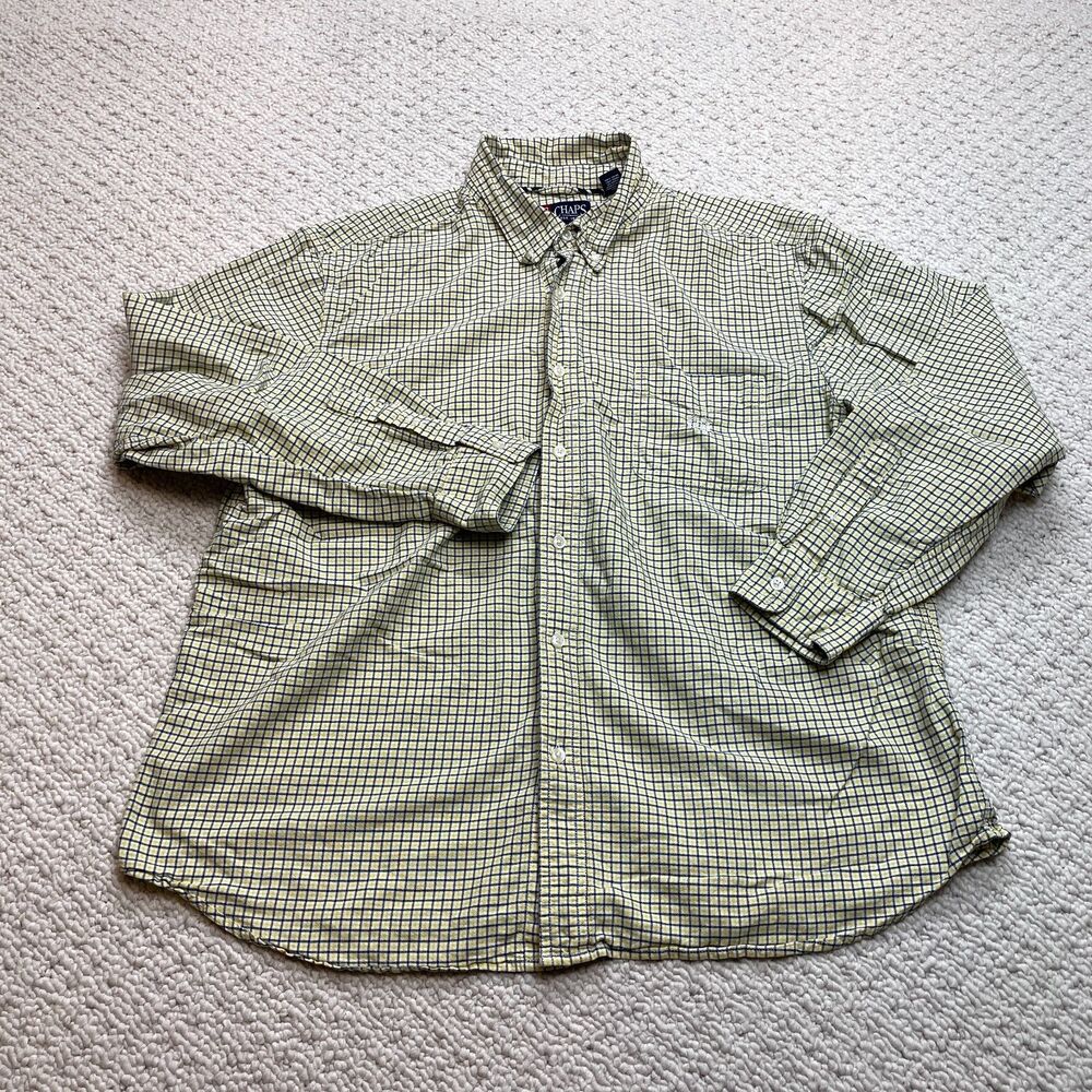Chaps Long Sleeve Button Down Shirt Mens XXL 2XL Yellow Check Cotton Pocket Logo